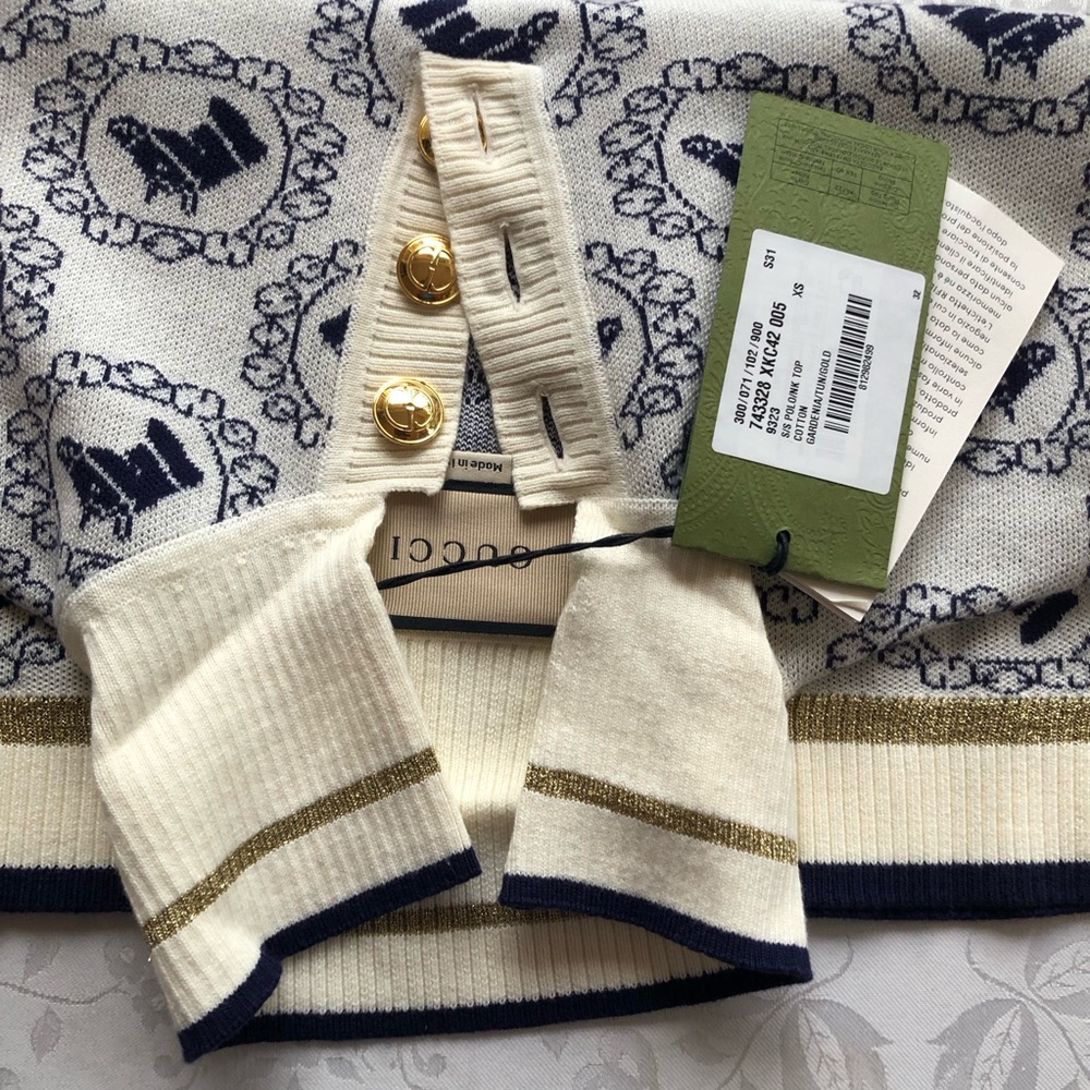 Gucci Equestrian Jacquard Polo Short Sleeves Sweater Cream/Navy Women's Size XS - Picture 9 of 16